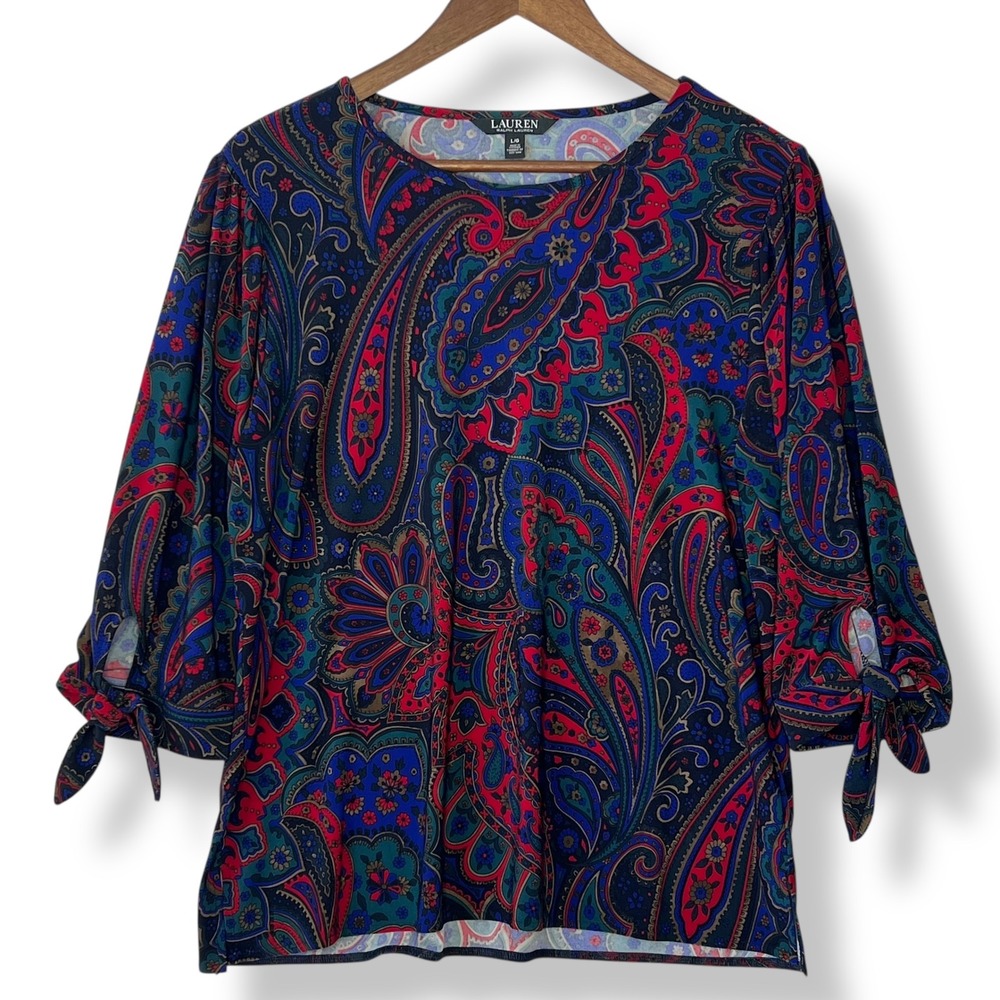 Lauren Ralph Lauren L Paisley Print‎ Tie Sleeve Blouse Blue Red Multi Old Money